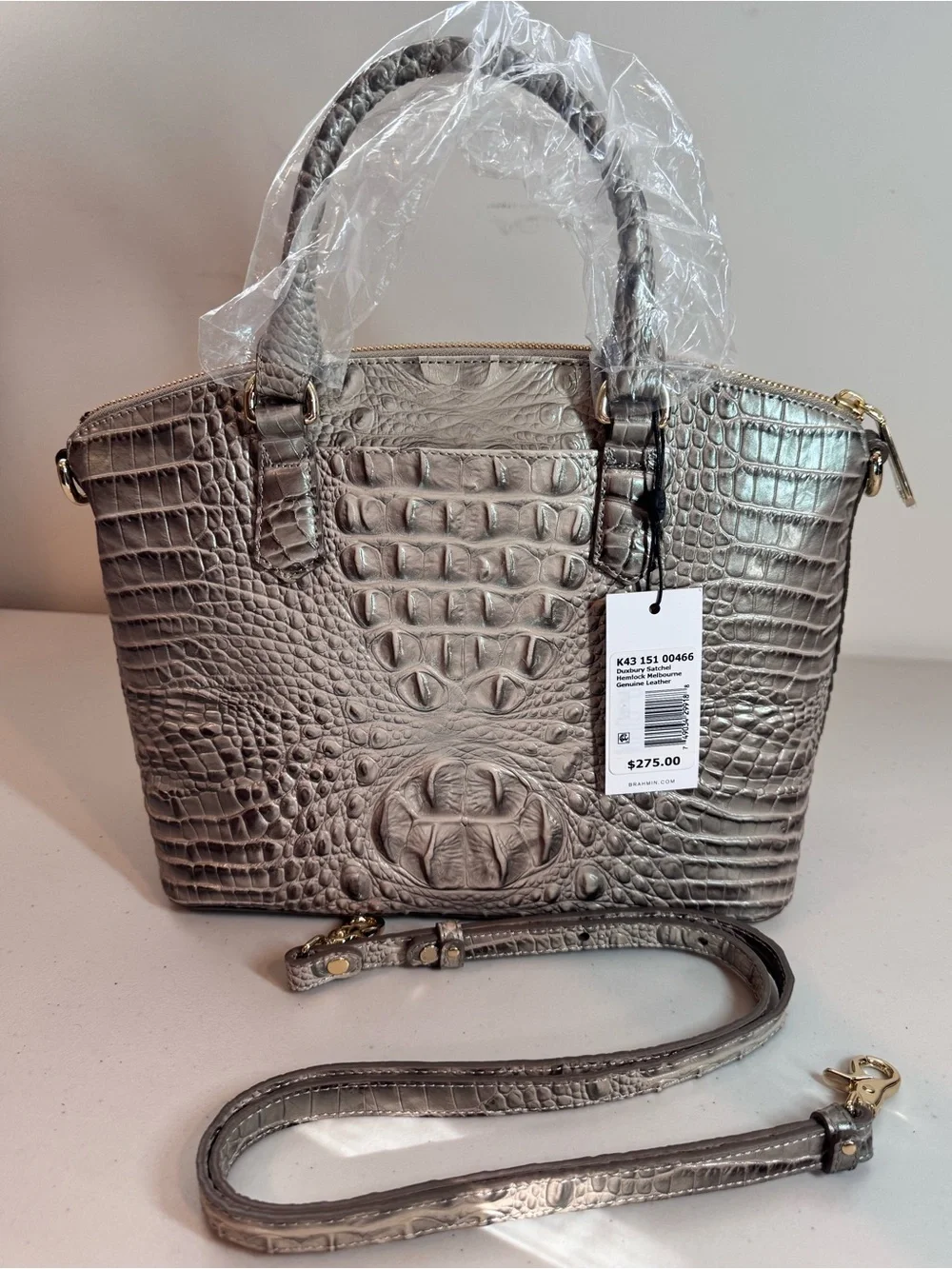 NWT Brahmin Medium Duxbury Satchel: Croc-Embossed Leather in Hemlock Melbourne